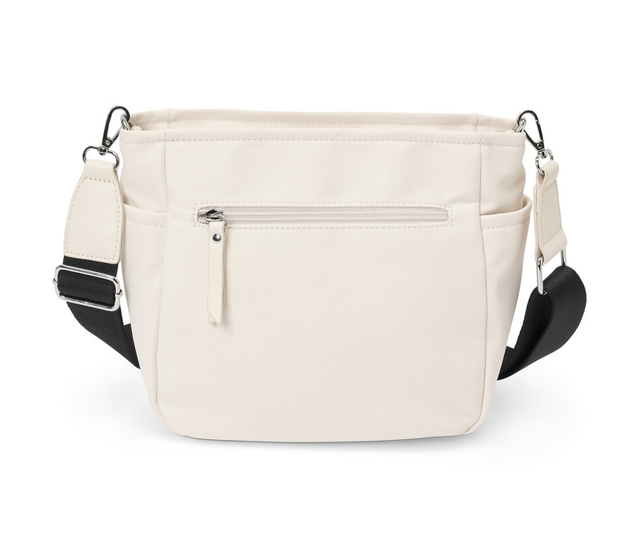 Krémszínű vászon oldaltáska fekete pánttal.