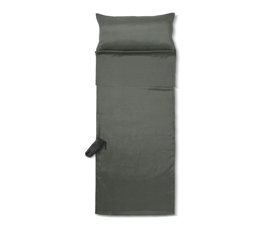 Szürke selyem hálózsák-bélés és a hozzá tartozó tok.