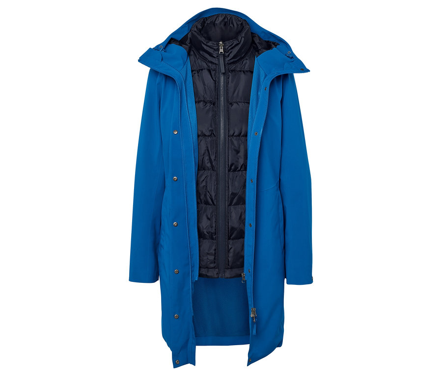 Kék kabát fekete mellénnyel.