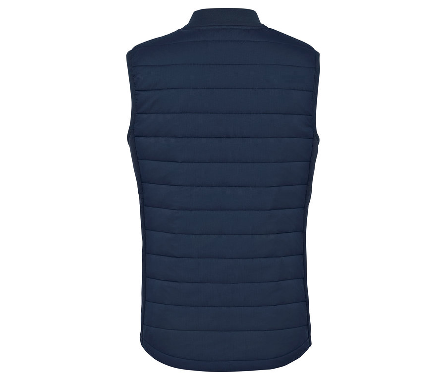 Hátulnézet egy sötétkék, steppelt mellényről.