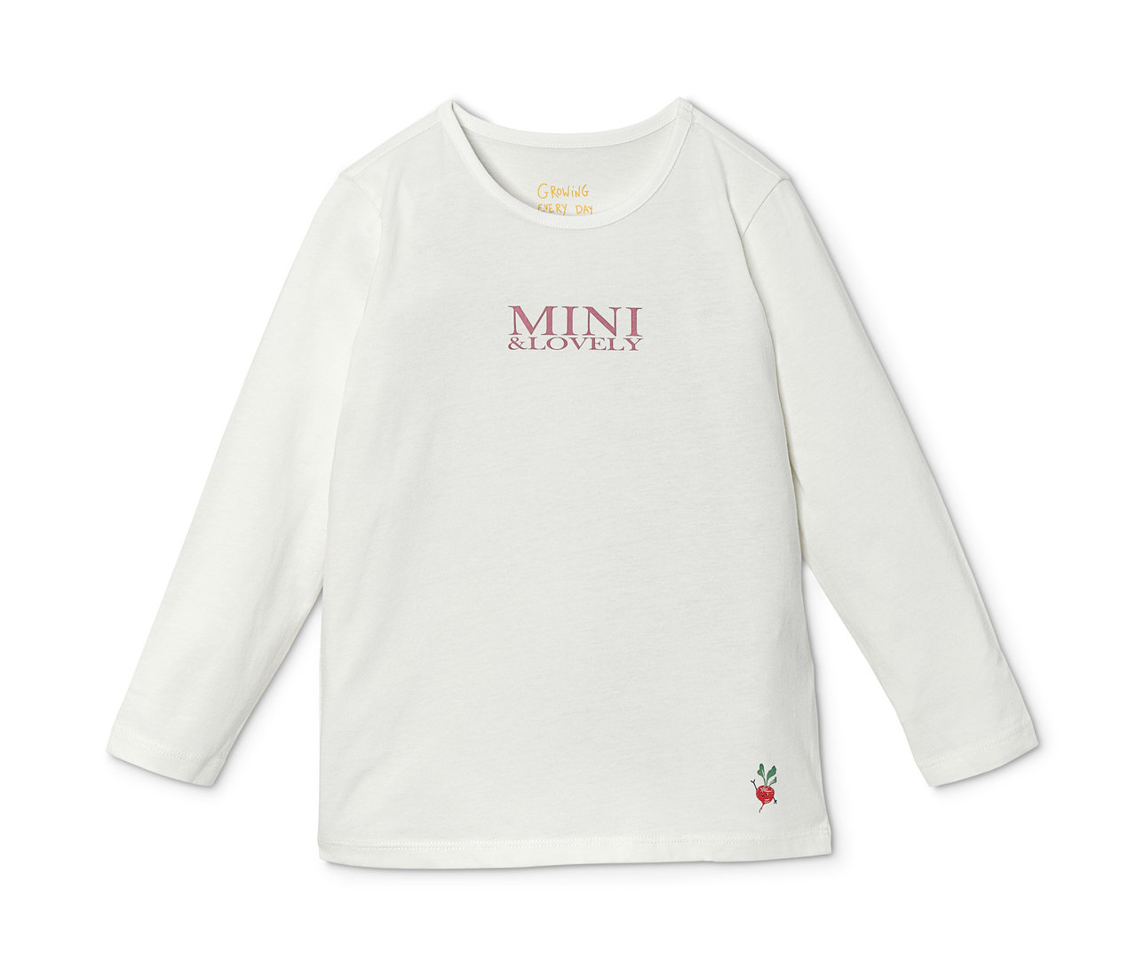 Fehér hosszú ujjú felső MINI & LOVELY felirattal és egy retek képpel.