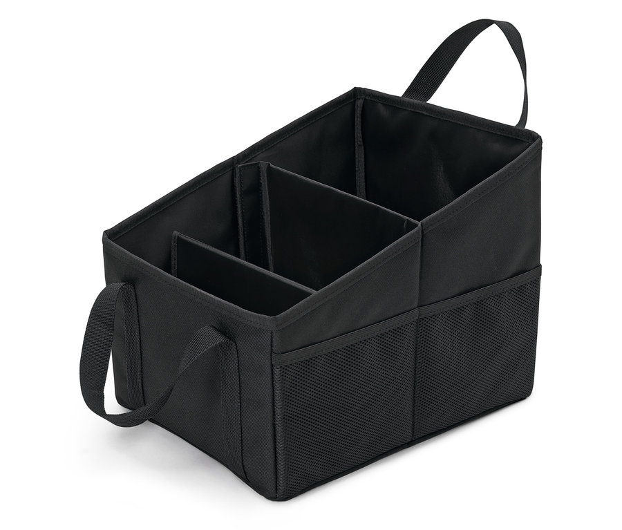 Fekete textil szervező négy rekesszel és fogantyúkkal.