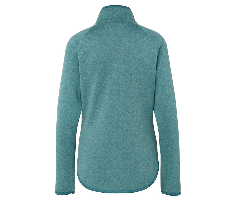 Hátulnézet egy türkizkék, hosszú ujjú, cipzáras polár pulóverről.
