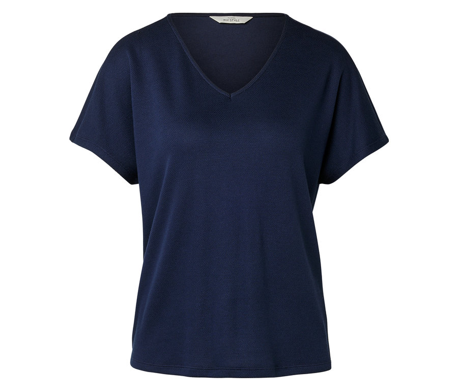 Sötétkék, V-nyakú póló.