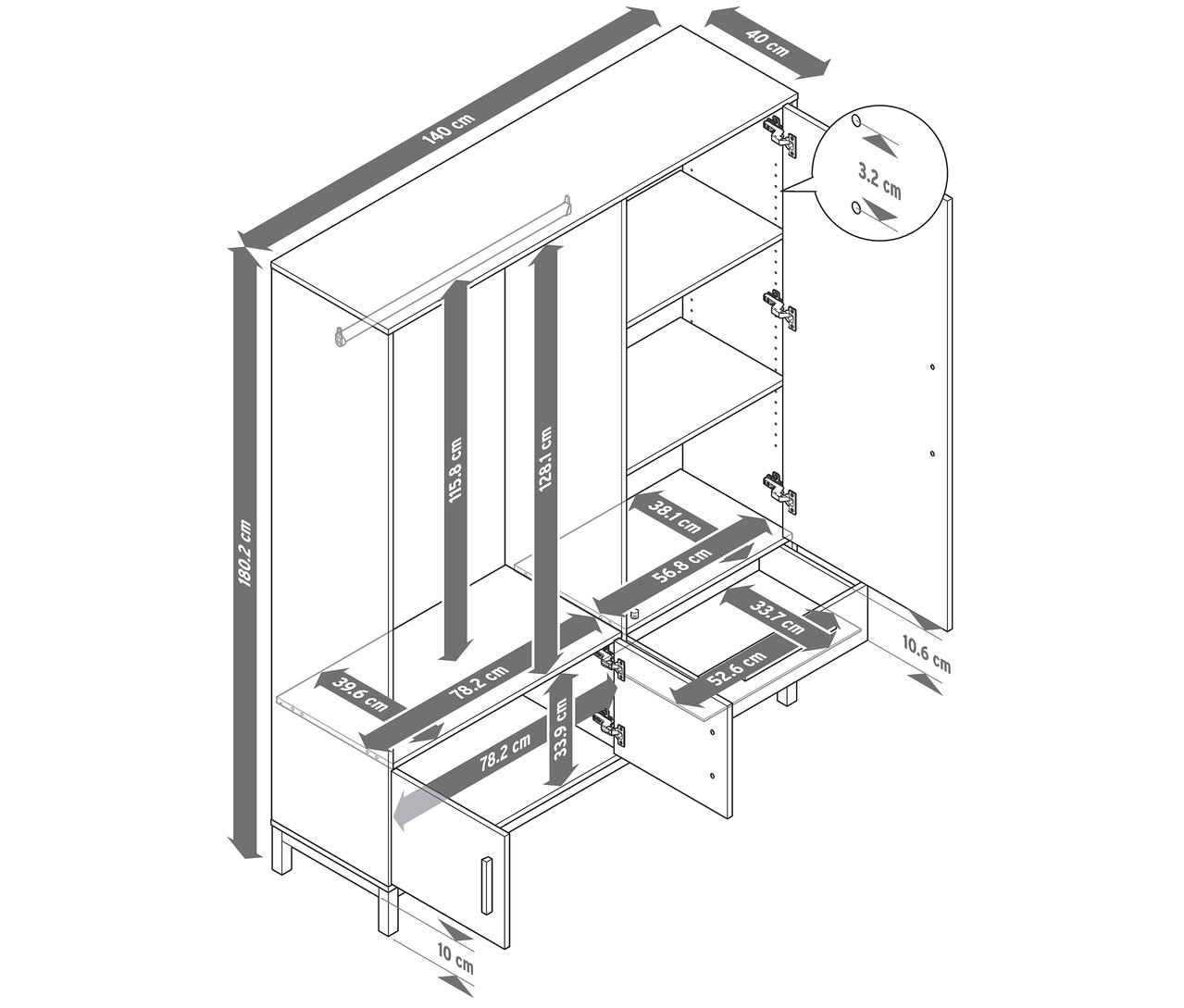 A Nordic félig nyitott ruhásszekrény méretei nyitott ajtókkal és fiókokkal.