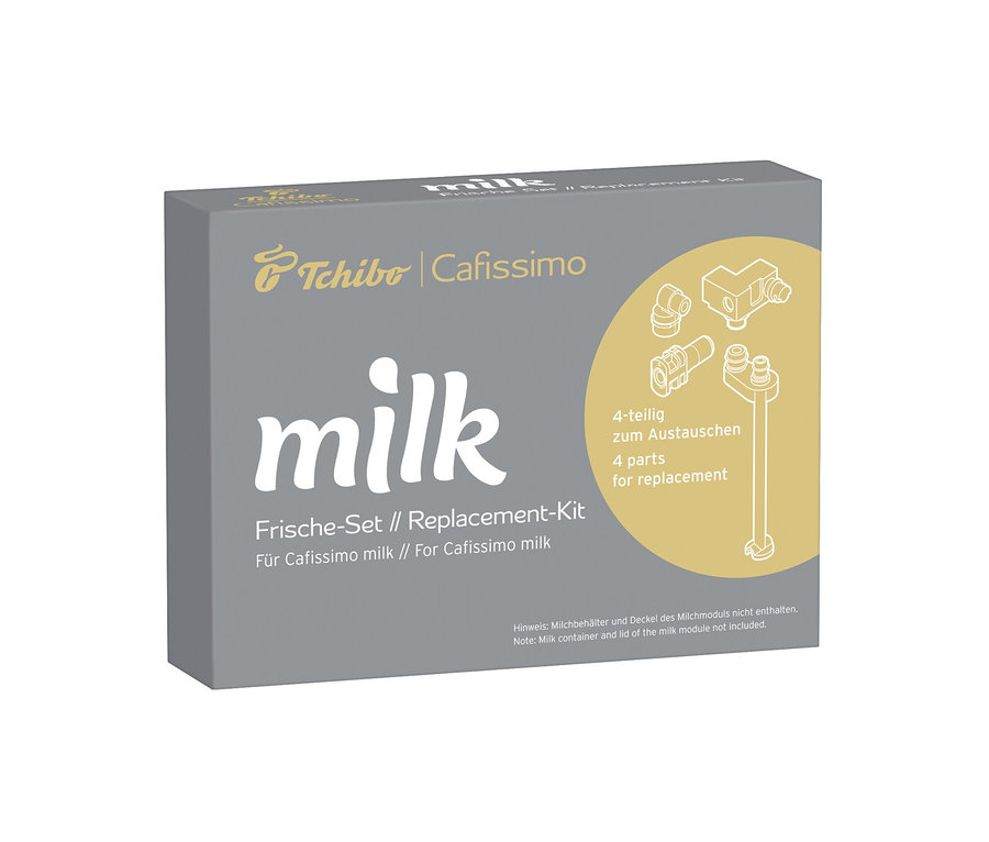 Szürke Cafissimo milk cserekészlet csomagolás, rajta a milk felirat és négy alkatrész illusztrációja.