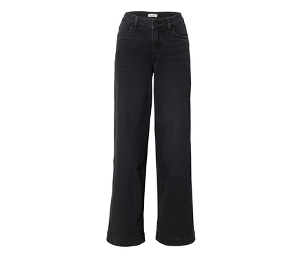 Fekete, magas derekú, bőszárú farmernadrág „Lexi” fazonban, kőmosott denim anyagból.