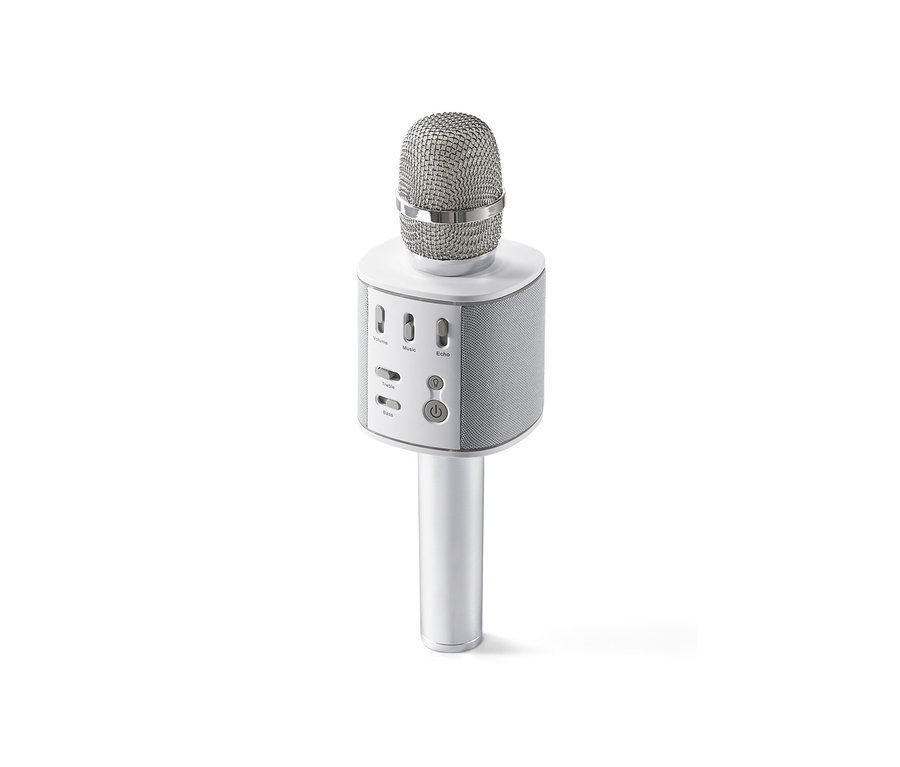 Egy ezüst Bluetooth karaokemikrofon fehér háttérrel.