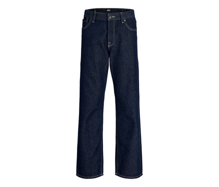Sötétkék Jack&Jones JJOriginal Chris farmernadrág világos varrással, elülső és hátsó zsebekkel, gombos záródással, laposan elhelyezve.