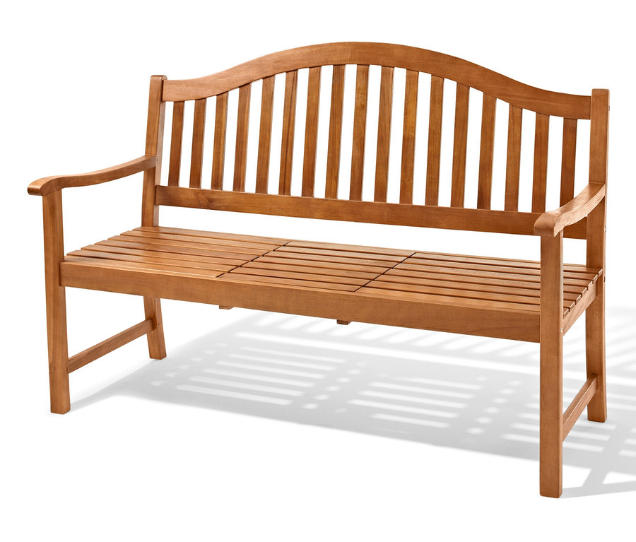 Egy természetes akác kerti pad, a „Lenja” kerti pad felhajtható tálcaasztallal.