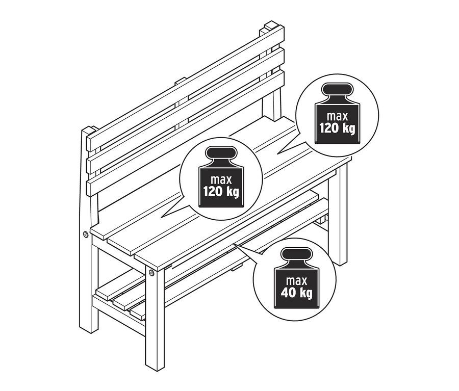 Egy kis pad vázlatrajza polccal, maximális terhelhetősége 120 kg az ülésen és 40 kg a polcon.