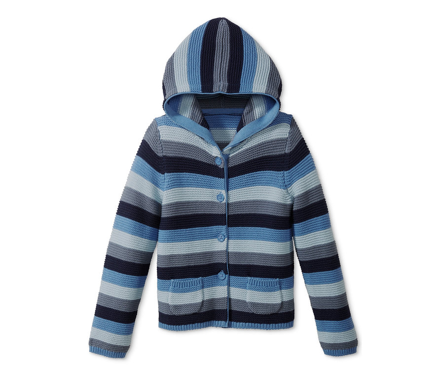 Kék árnyalatú, vízszintes csíkos, kötött kardigán kapucnival.
