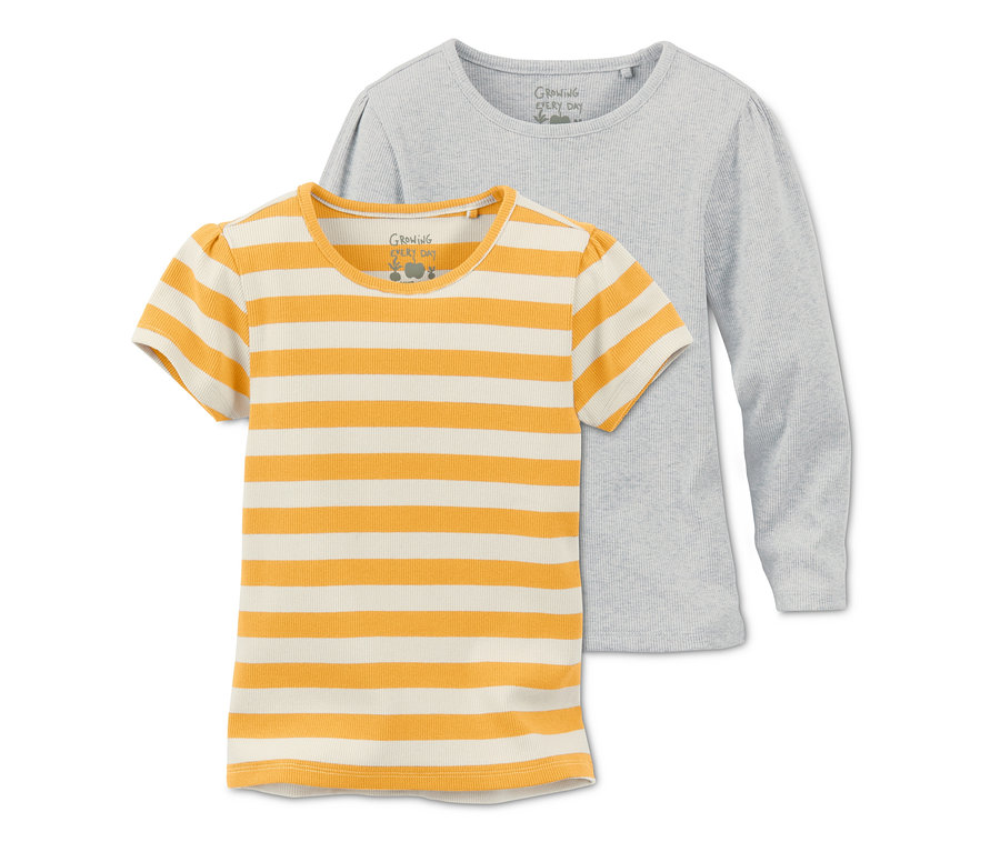 Két bordázott felső: egy sárga-fehér csíkos és egy szürke, hosszú ujjú.