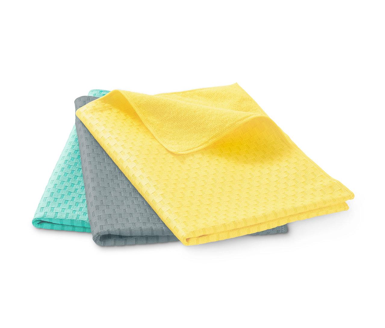 Egy szett három darabos konyharuhából: sárga, szürke és türkiz.