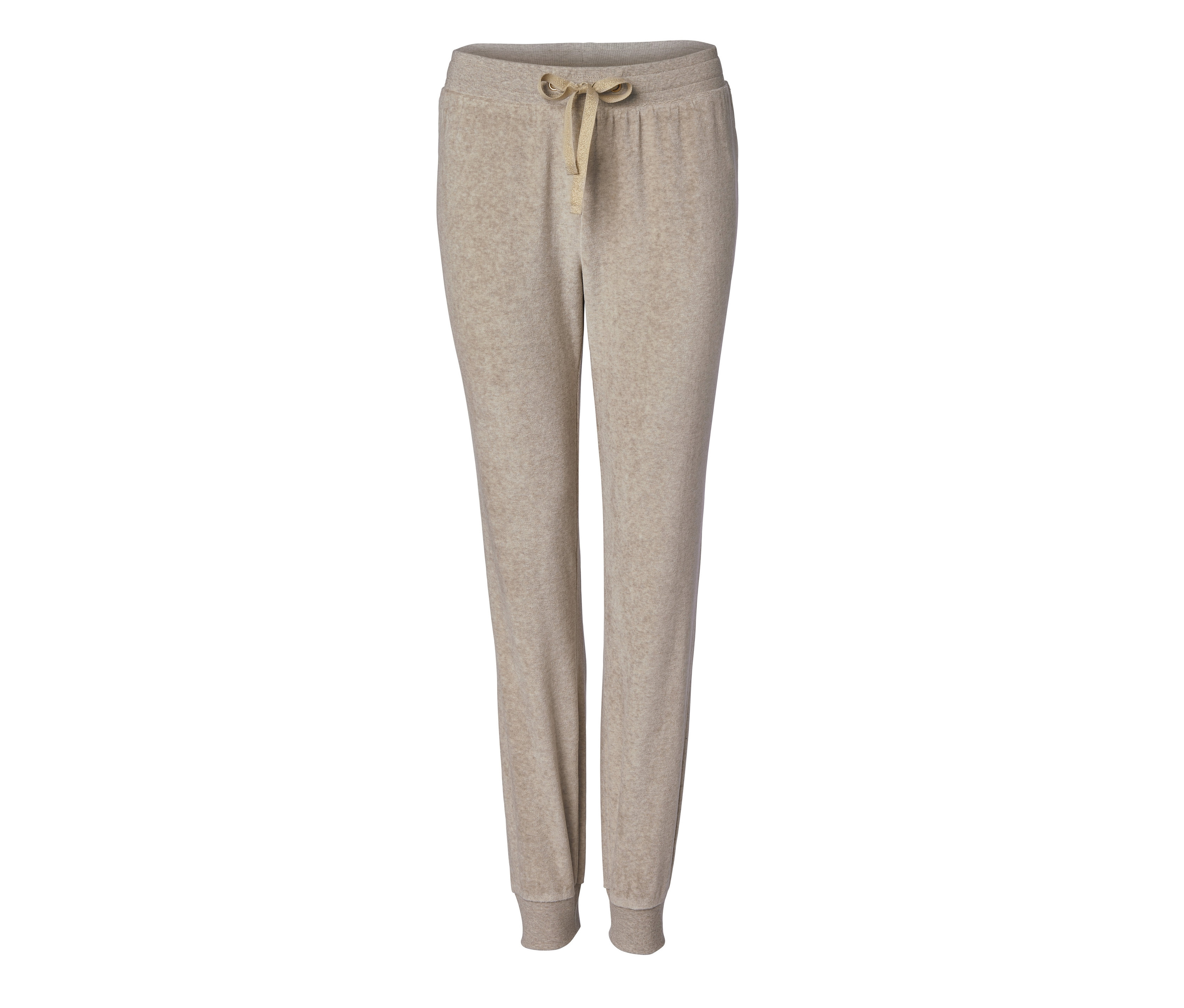 Bézs plüss szabadidőruha nadrág húzózsinórral.