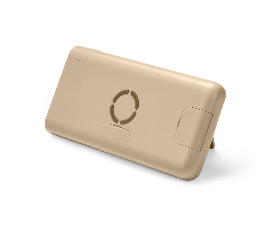 Egy bézs színű, vezeték nélküli powerbank.