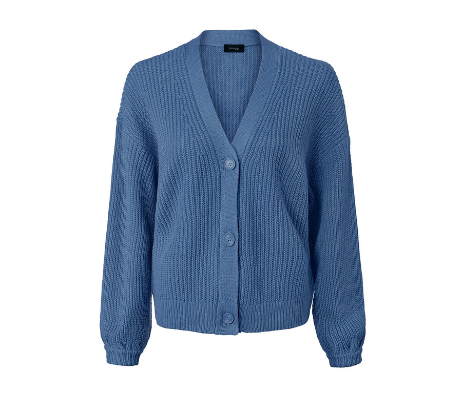 Kék, kötött, gombos női kardigán.