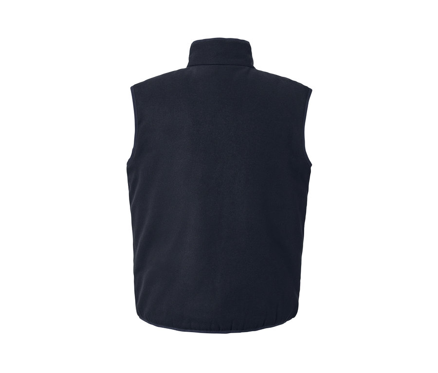 Sötétkék, kifordítható mellény gallérral.