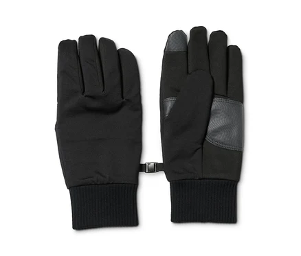 Két fekete softshell kesztyű egymás mellett.