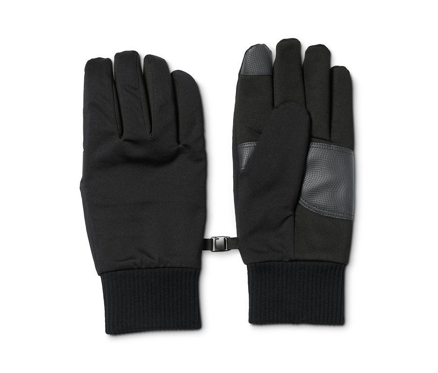 Két fekete softshell kesztyű egymás mellett.
