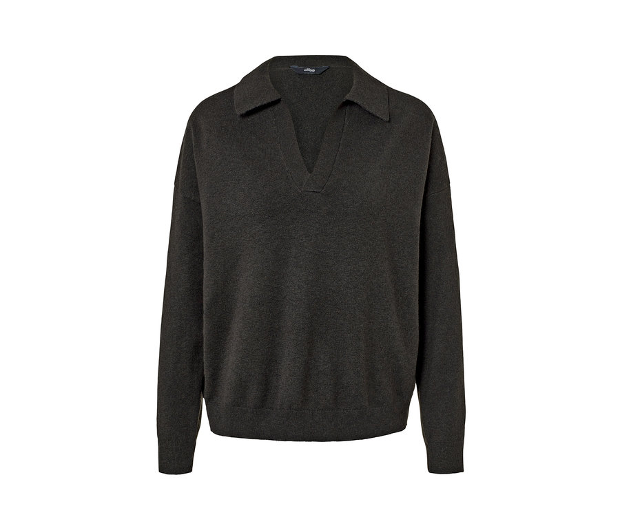 Barna, galléros, V-nyakú női kötött szabadidőfelső, gyapjú.