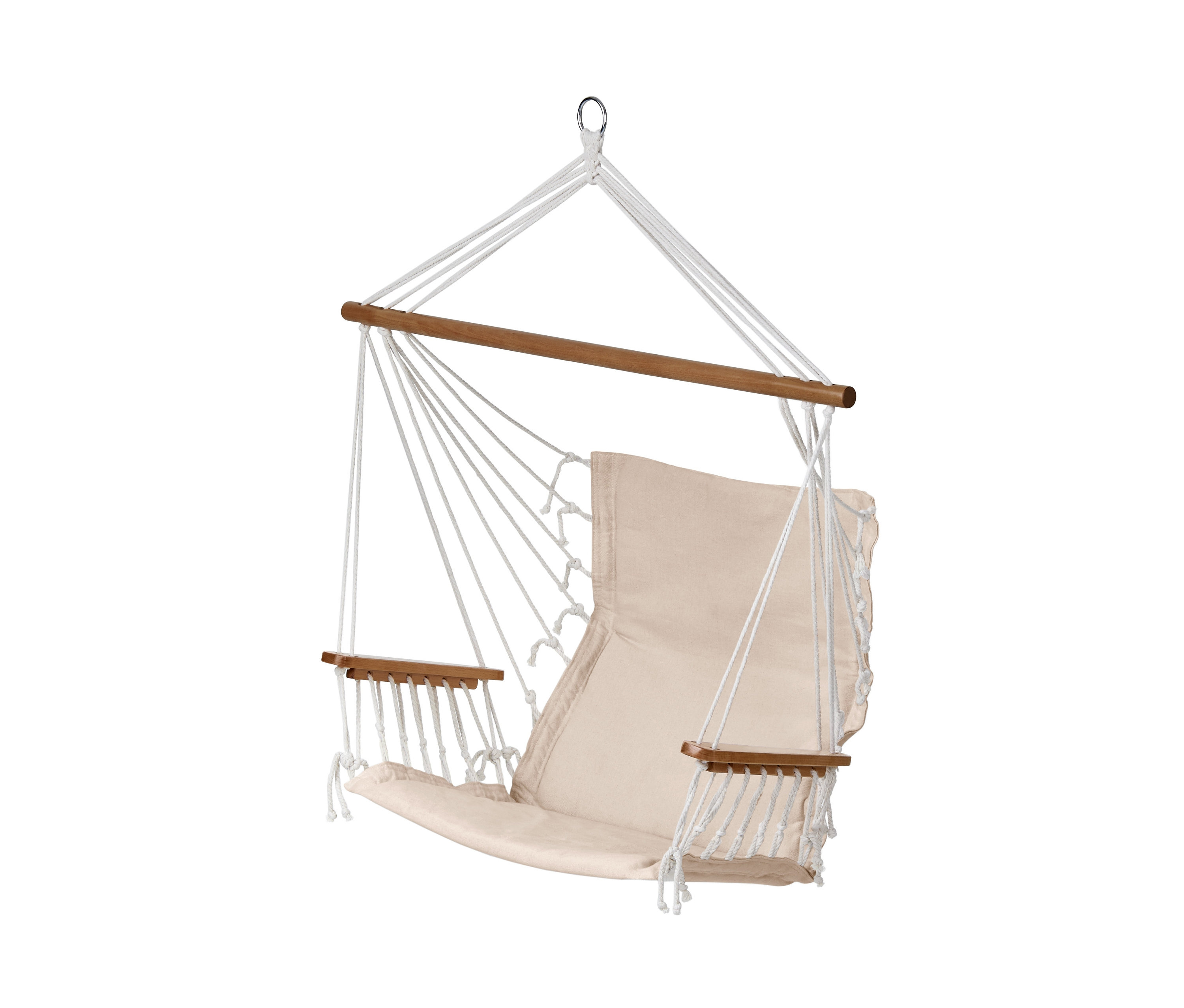 Egy függőszék fa elemekkel és bézs kárpitozással.