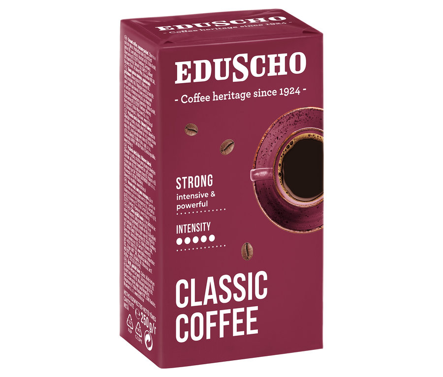 Eduscho Classic Coffee Strong - 250g őrölt, pörkölt kávé csomagolása.