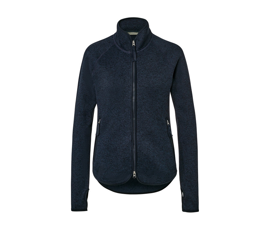 Sötétkék, kötött polárfelső, cipzáros.