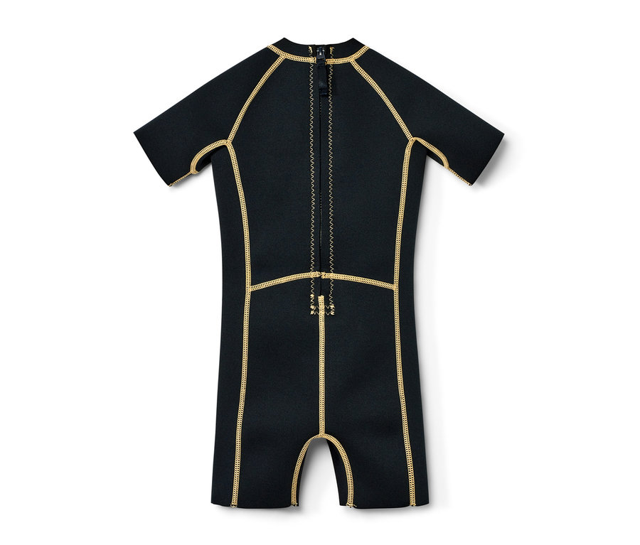 Fekete, rövid ujjú gyerek neoprén ruha arany varrással.