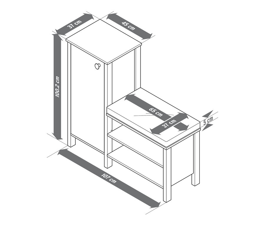 A cipőszekrénnyel ellátott ülőpad méretei: 107 cm hosszú, a szekrény 100,2 cm magas, az ülőrész 65 cm hosszú.