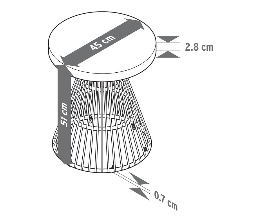 Kisasztal vázlat policement asztallappal és textil hálóval. Méretek: 51 cm magas, 45 cm átmérőjű, 2,8 cm vastag asztallap, 0,7 cm magas lábak.