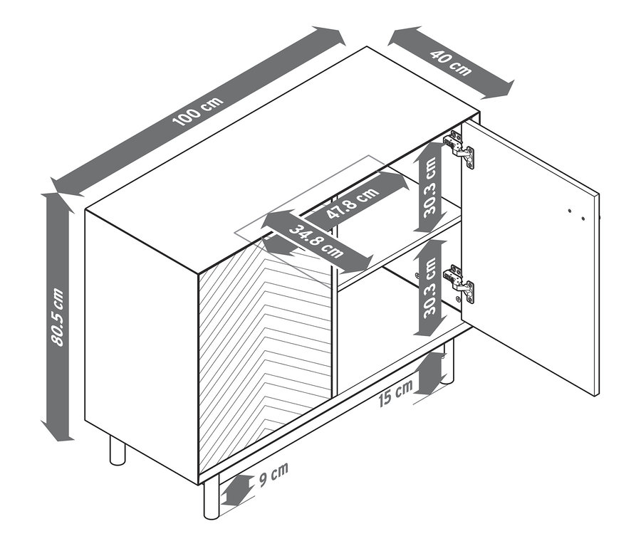 Vázlat egy kőris komódról dekoratív ajtófrontokkal és méretekkel.