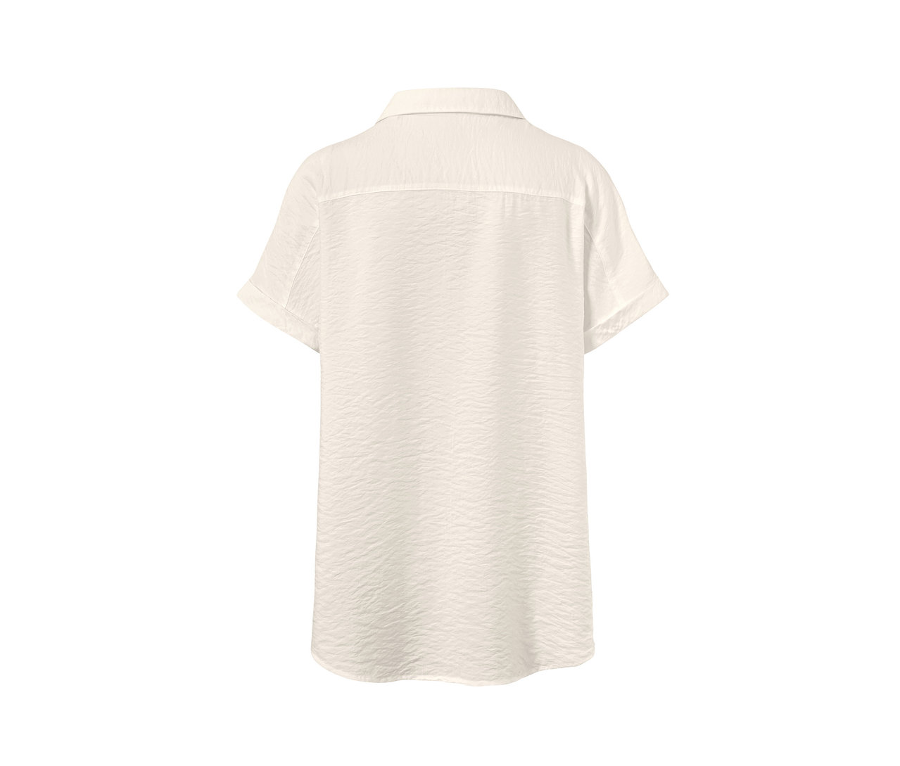 Hátulnézet egy rövid ujjú, krémszínű blúzról.