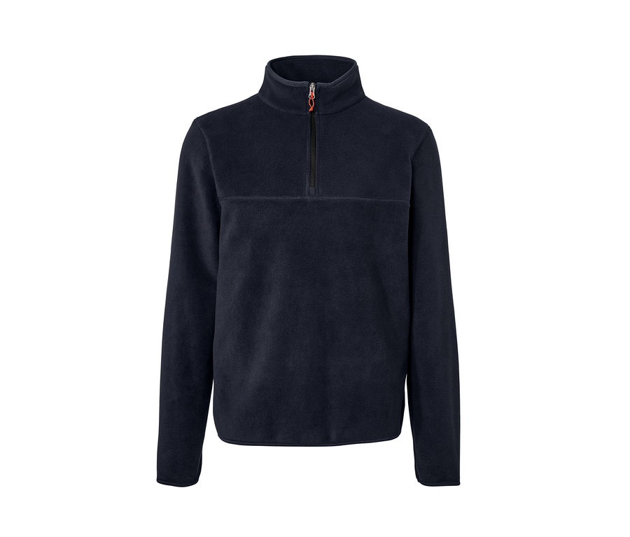 Sötétkék, állónyakú férfi polárpulóver rövid cipzárral.