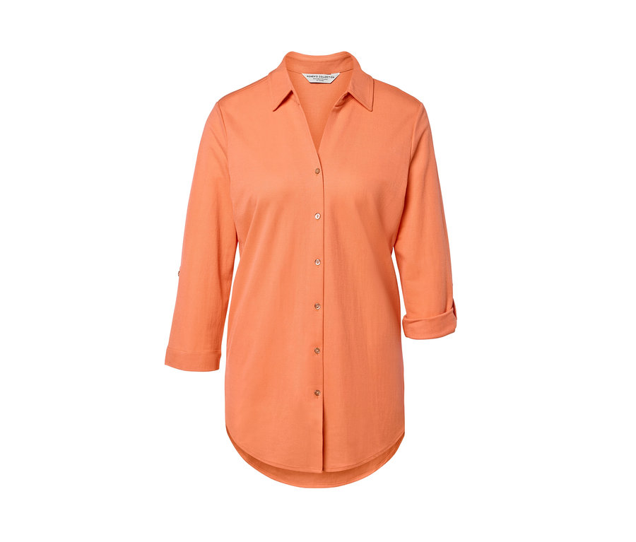 Barackszínű, háromnegyedes ujjú piké jersey blúz.