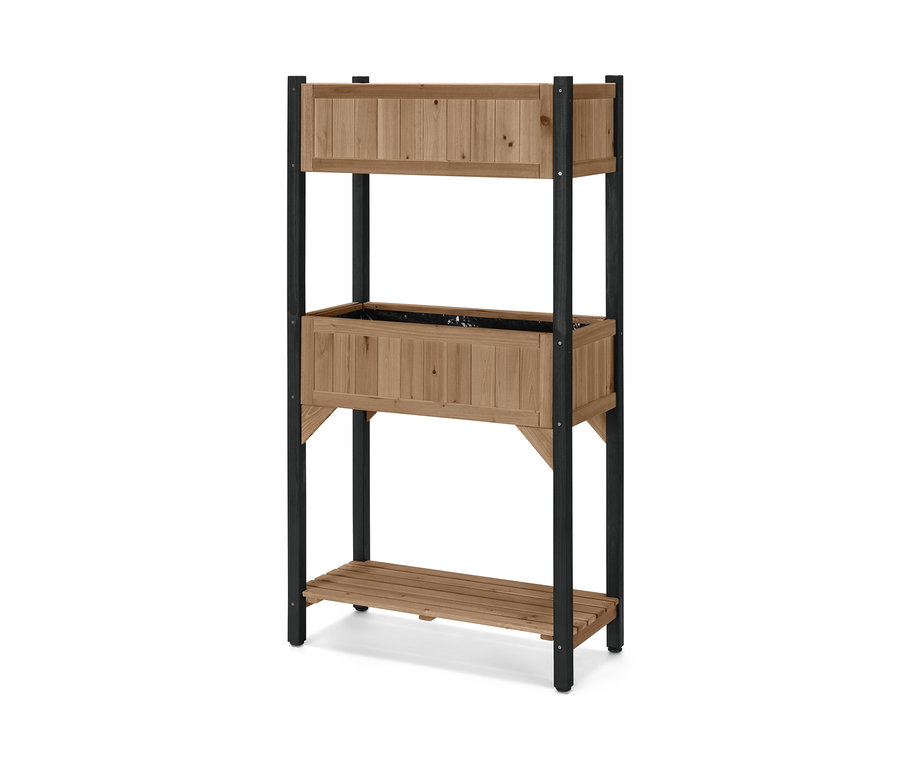 Növénytartó állvány, Elin, két barna tartóval és egy polccal.