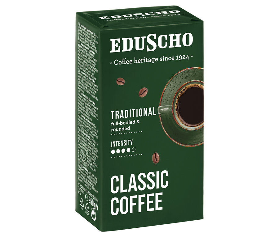 Eduscho Classic Coffee Traditional - 250g őrölt, pörkölt kávé csomagolása. A csomagolás sötétzöld és egy csésze kávé látható rajta.