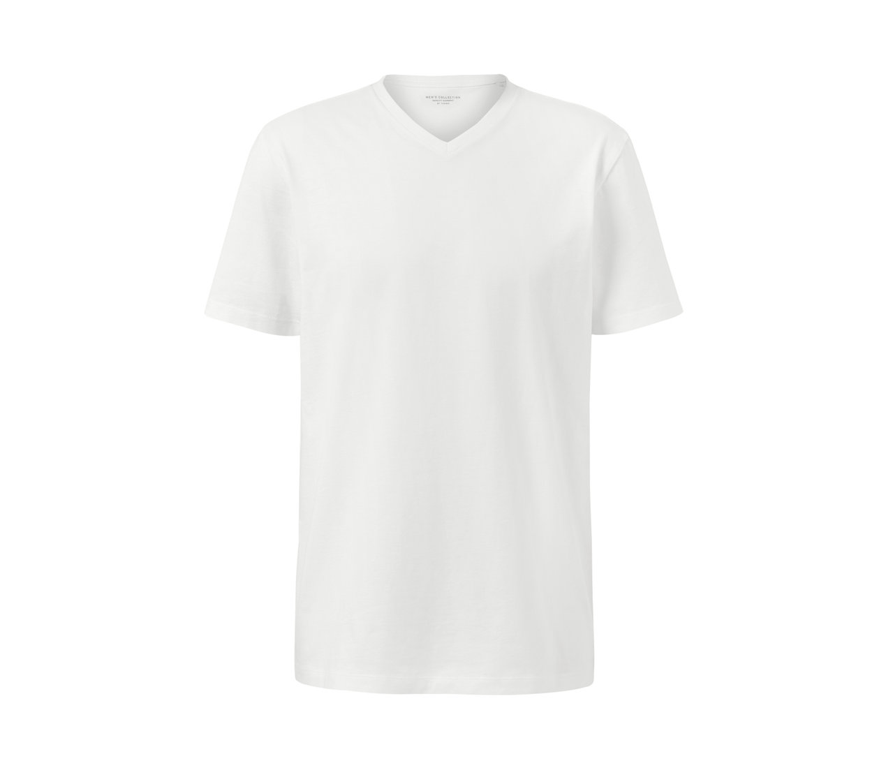 Egy fehér, rövid ujjú, V-nyakú póló.
