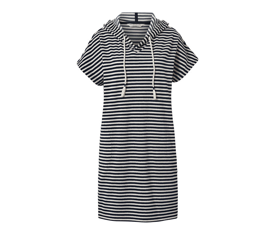 Kék-fehér csíkos frottír strandruha kapucnival és rövid ujjakkal.