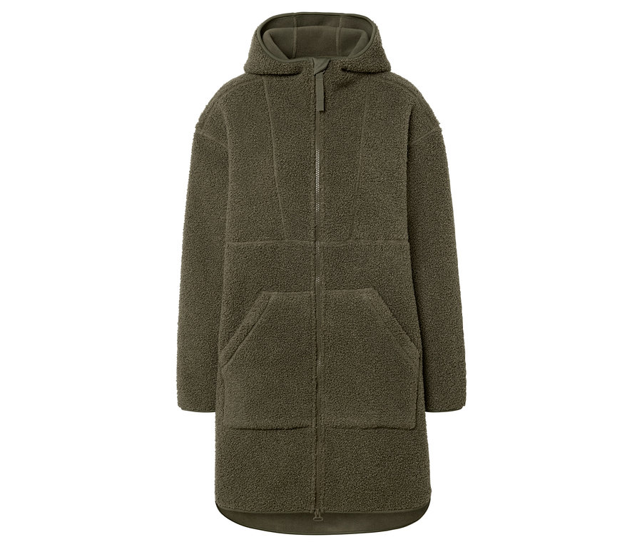 Zöld, bolyhos kabát kapucnival és cipzárral középen.