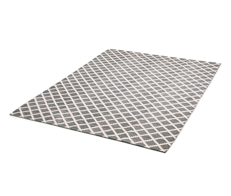 Kültéri megfordítható szőnyeg, kb. 250 x 180 cm, szürke és fehér rombuszmintával.