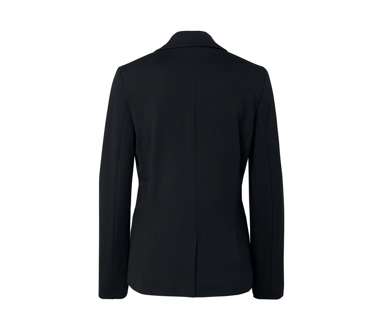 Egy fekete jersey blézer hátsó részletének képe.