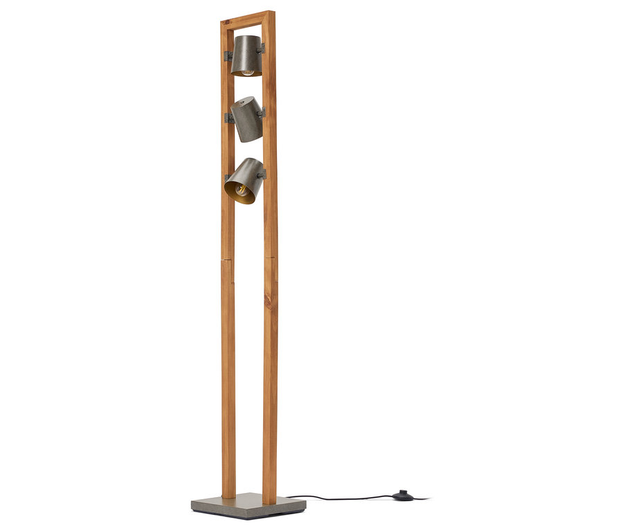 Állólámpa fa kerettel és három fém spotlámpával.