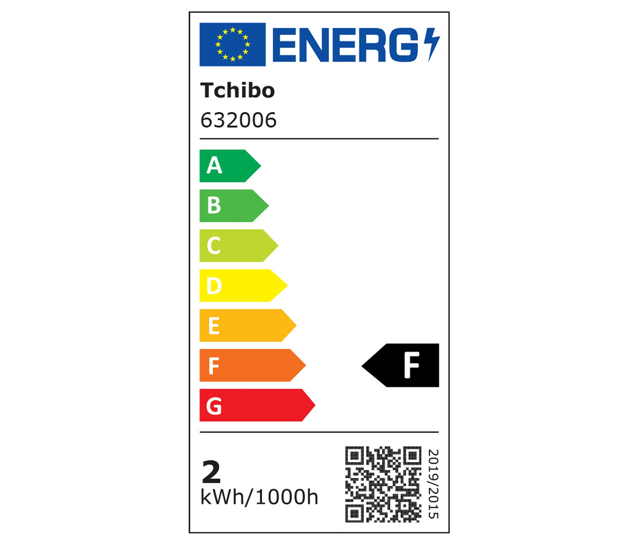 Tchibo 632006 energiacímke F osztályú, 2 kWh/1000h fogyasztással és QR kóddal.