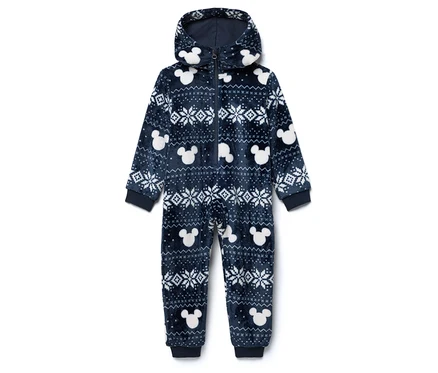 Kék, bolyhos, kapucnis overall, Mickey egér és hópehely mintával.