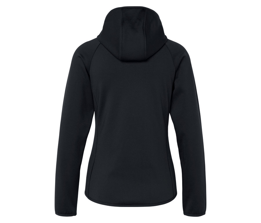 Hátulnézet egy fekete kapucnis pulóverről.