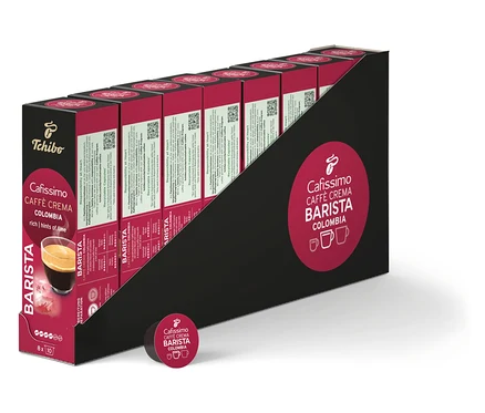 Egy csomag Cafissimo Barista Colombia kávékapszula. A kapszulák egy fekete csomagolásban vannak elrendezve.