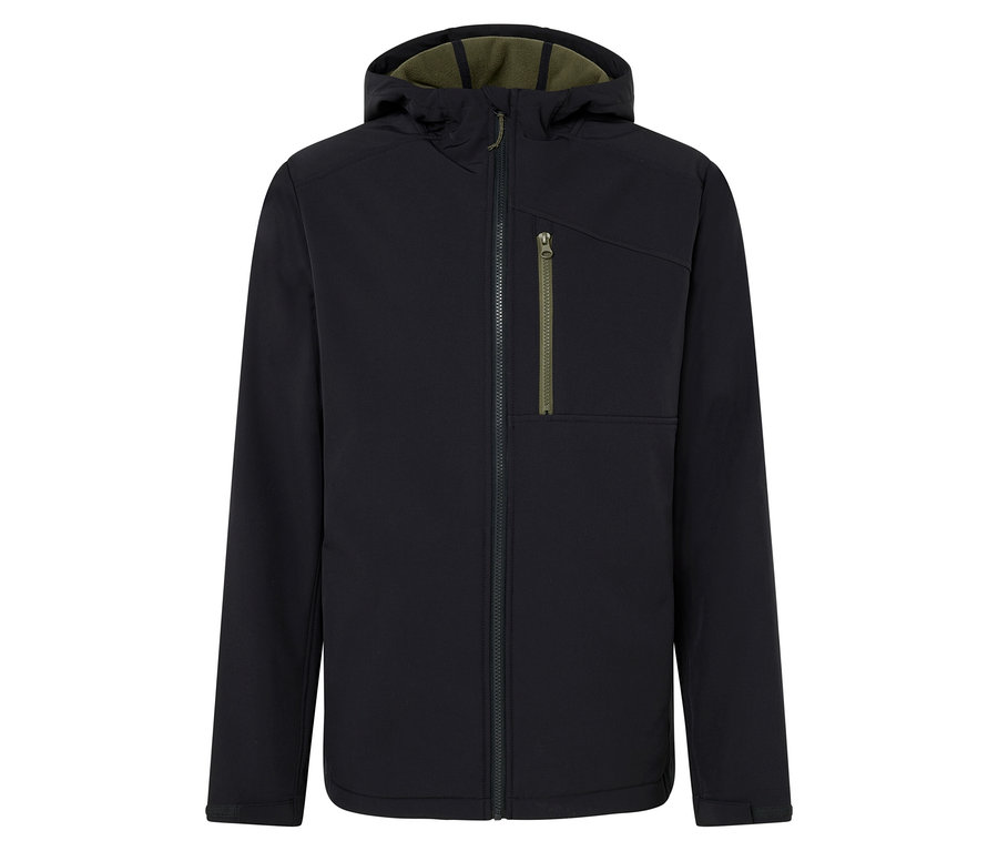 Fekete kapucnis kabát középen cipzárral.