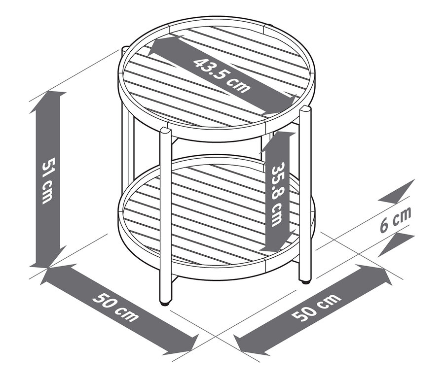 Felülnézet egy kétszintes oldalsó asztalról, méretekkel.