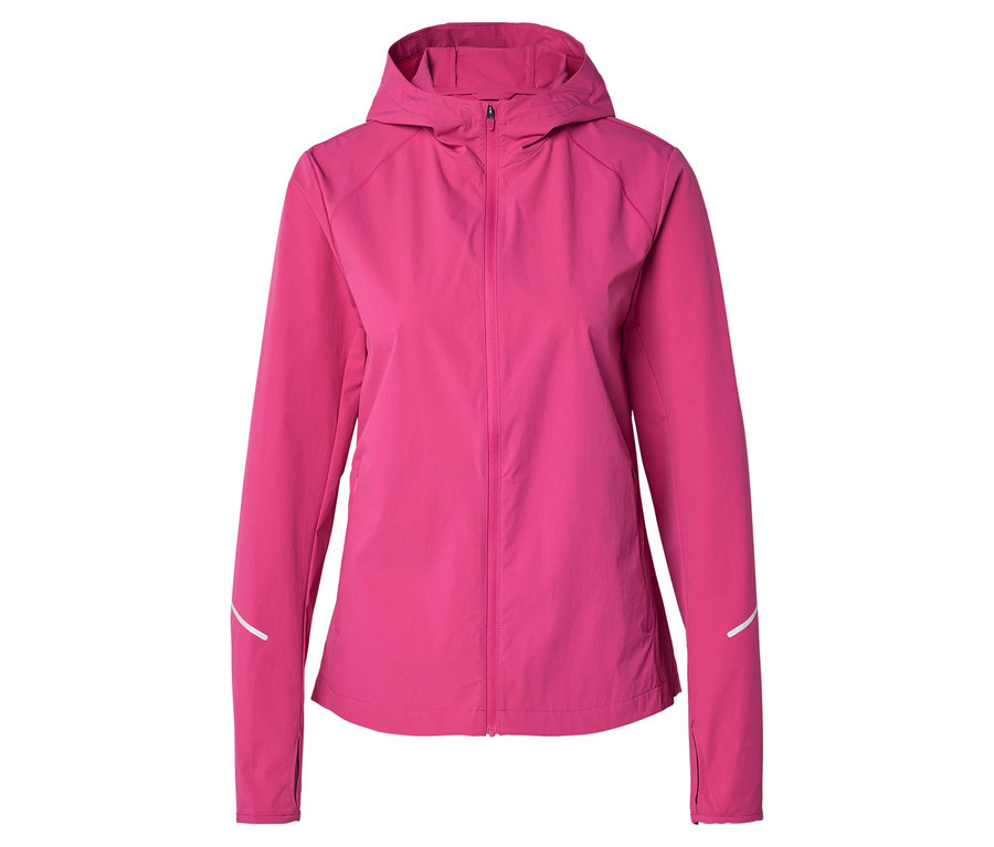 Rózsaszín, bélelt, kapucnis dzseki elöl cipzárral, ujjak fényvisszaverő részletekkel.